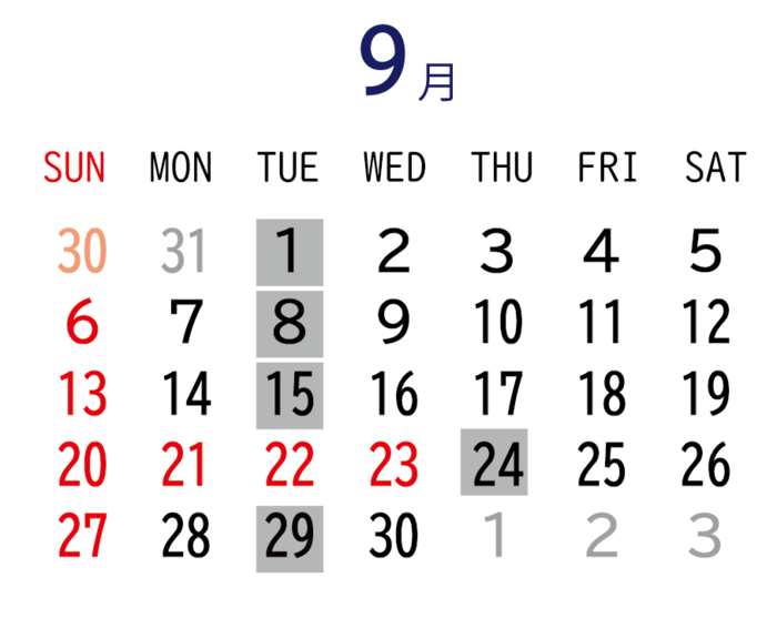 2026年09月カレンダー