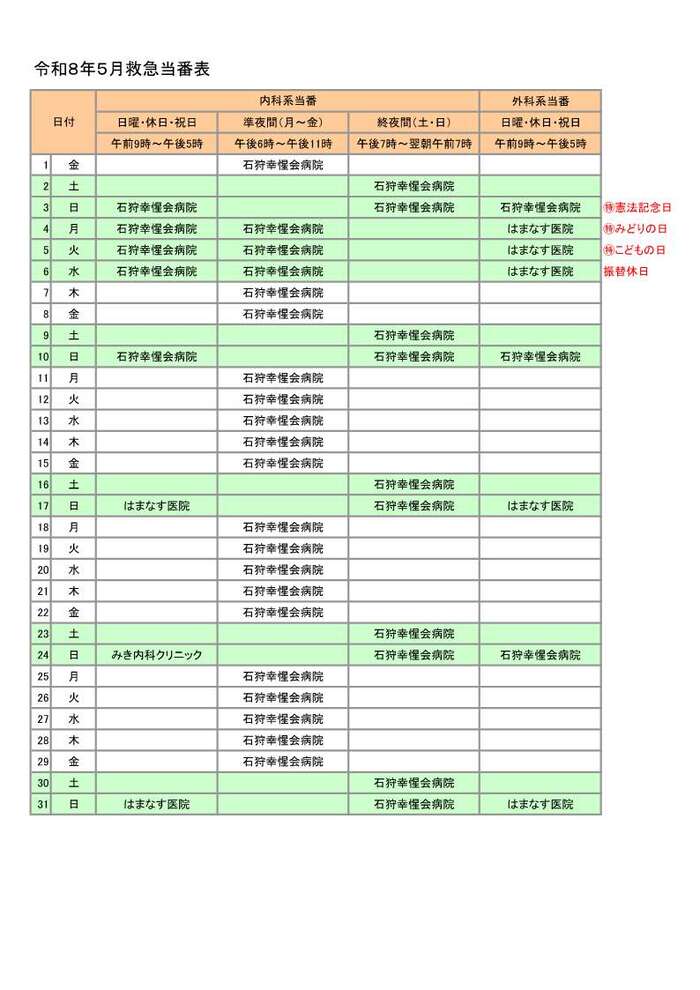 画像：令和8年5月救急当番表