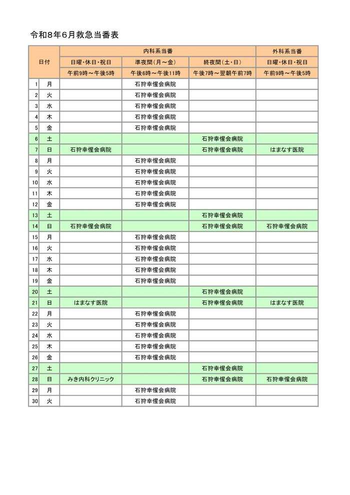 画像：令和8年5月救急当番表