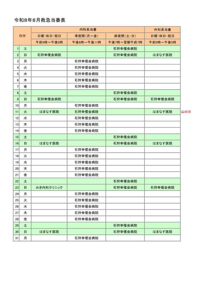 画像：令和8年8月救急当番表