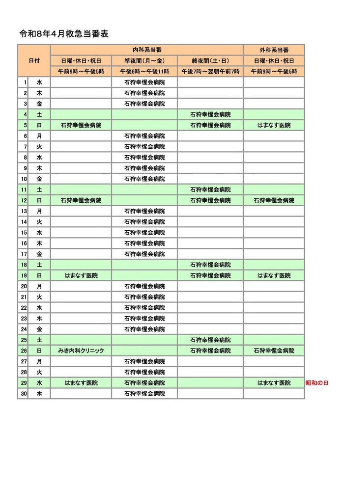 画像：令和8年4月救急当番表