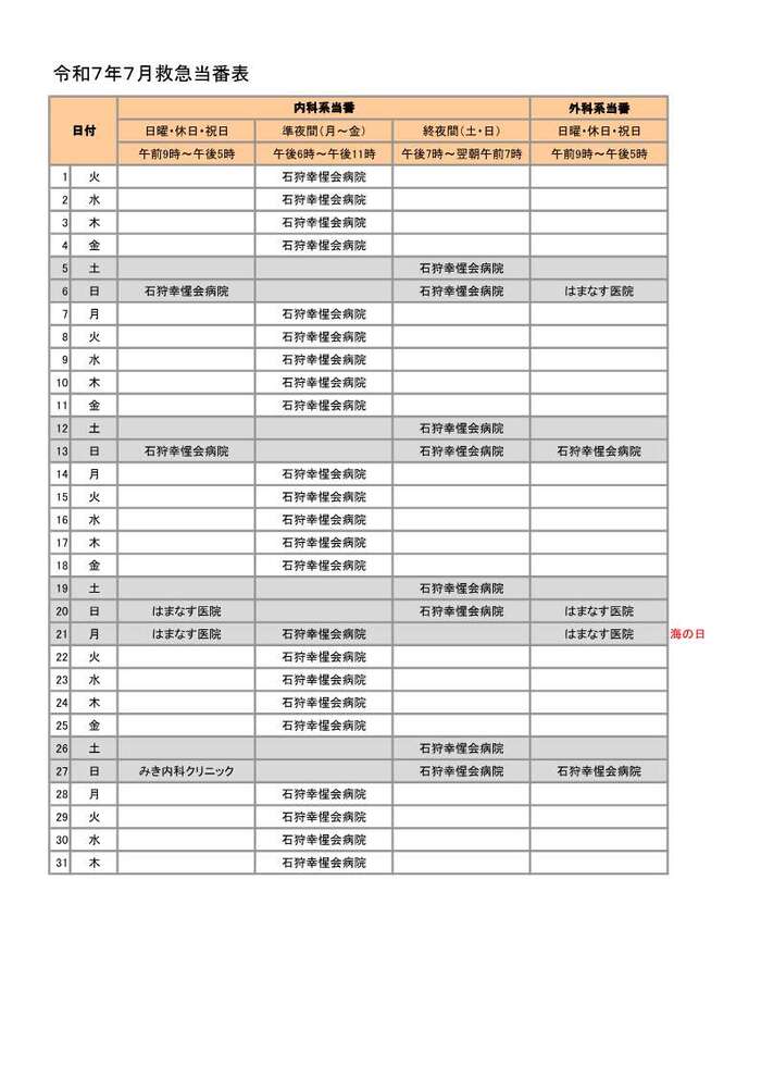 画像：令和7年7月救急当番表