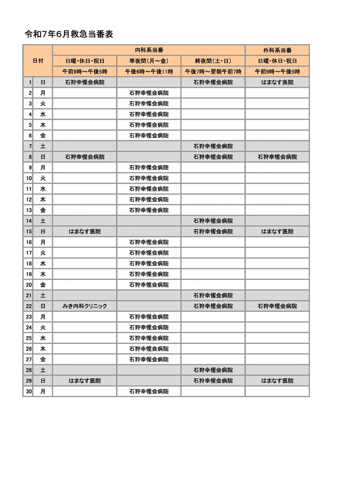 画像：令和7年6月救急当番表