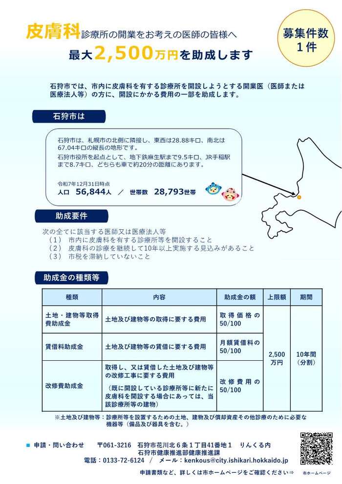 石狩市皮膚科診療所等開設助成金について