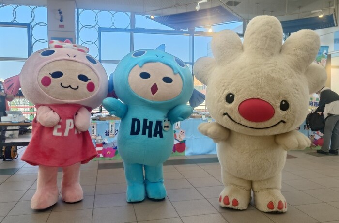 あいくるの様子(左からさけ子・さけ太郎・ていぬ)