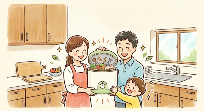 生ごみ乾燥機を利用する家族のイラスト